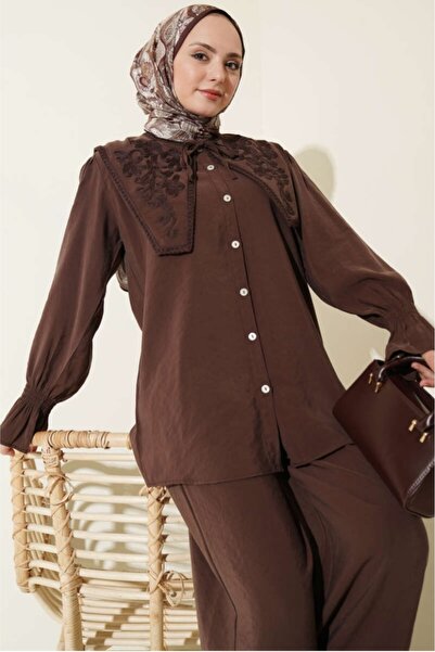 Safgiyim44 Collar Embroidered Modal Double Set with Ankle Cuffs - Brown