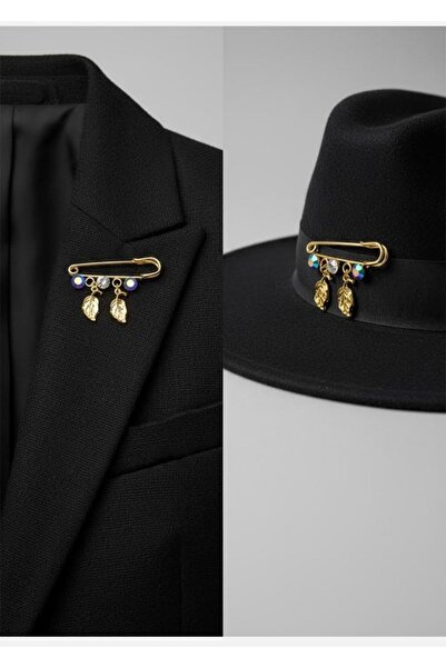 AYFAACCESSORIES Yaprak ve Kristal Detaylı Çengelli İğne Broş