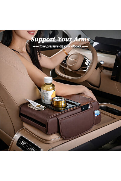 AutoFamily Car Seat Armrest Organizer with Cup Holder – PU Leather Center Console Storage Box(Gray)