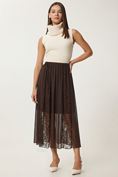 Lovelyİstanbul Desenli Tül Detaylı Şifon Etek LNT0025 KAHVERENGİ