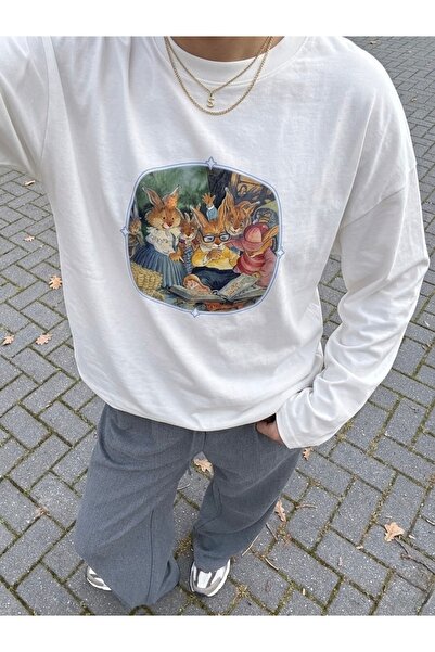 Disante %100 Pamuk Oversize Fit Uzun Kulak Ailesi Baskılı - Bisiklet Yaka Uzu...