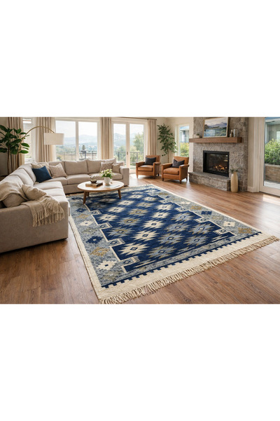 OEM Covor tradițional, dimensiune 200 x 300 cm, albastru și crem, model rustic