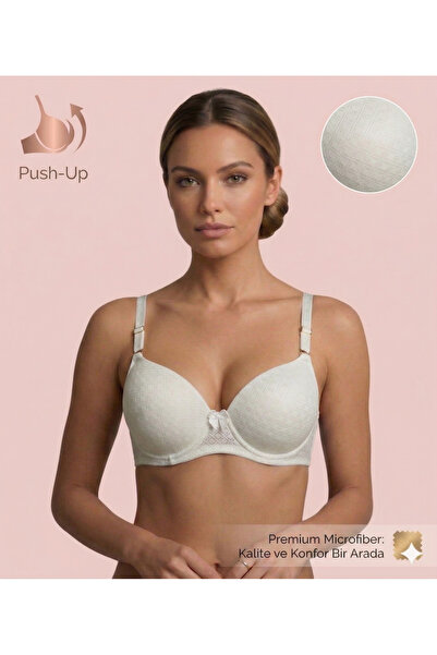 Lavint Homewear Jacquard Patterned Micro Silicone Padded Ecru Push-Up Bra