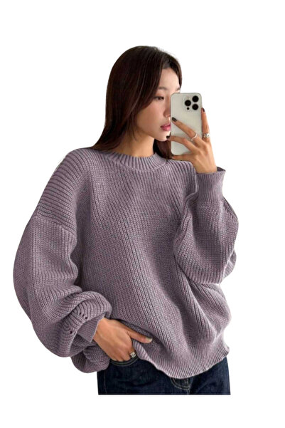 MODASPARK Lila Bisiklet Yaka Oversize Kadın Triko Kazak