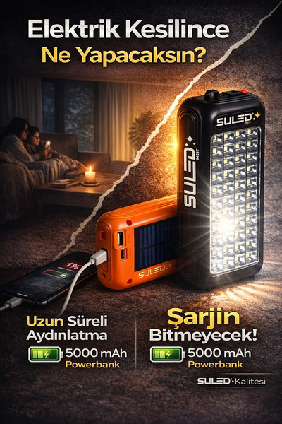 SULED Güneş Panelli Handy Power Bank Fener Işıldak 32 Süper Smd Ledli El Fene...