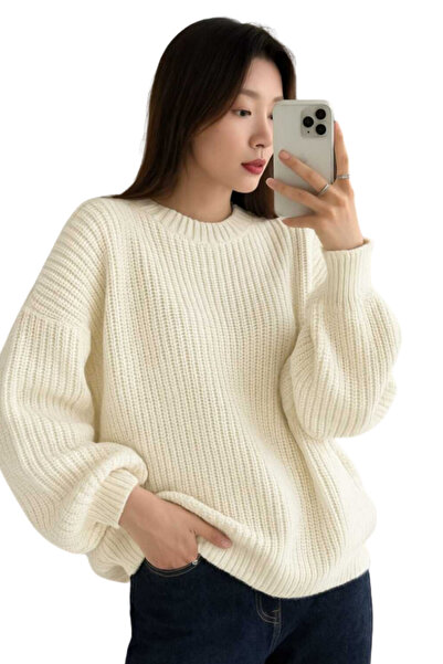 MODASPARK Ekru Bisiklet Yaka Oversize Kadın Triko Kazak