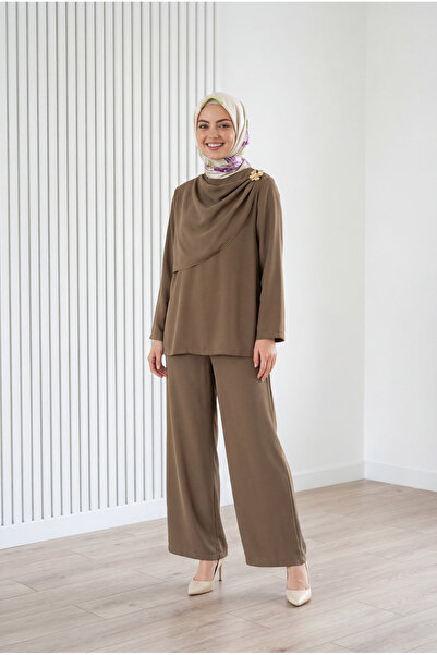 MİHRA STORE Σετ παντελονιού με σάλι και αγκράφα Perinaz-GS5220 Πράσινο Λαδί