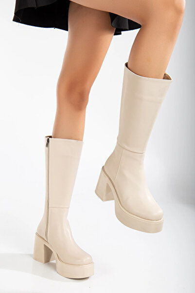 Miss Mitto Дамски леки, стилни и удобни ботуши от изкуствена кожа в бежово-бе...