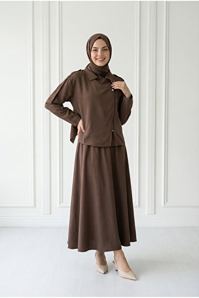 MİHRA STORE Tünay Cross-Zip Skirt Suit-Gs3881 Brown