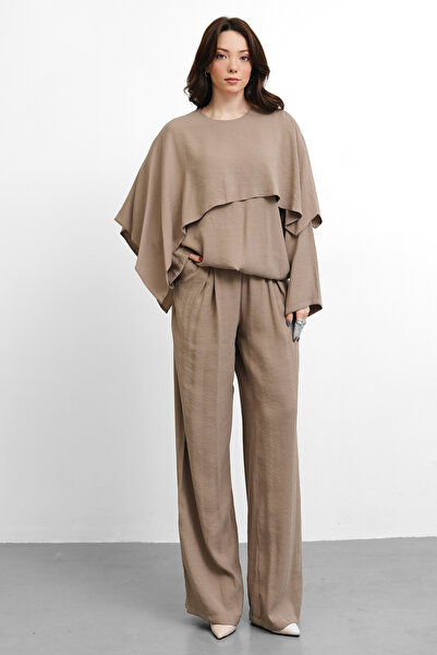 Molly Nelly Γυναικείο Σετ με Ζώνη και Γιακά Σάλι, Καθημερινή Μπλούζα και Παντ...