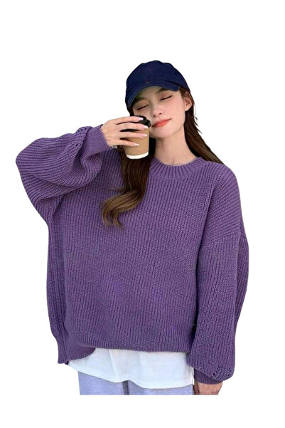 MODASPARK Mor Bisiklet Yaka Oversize Kadın Triko Kazak