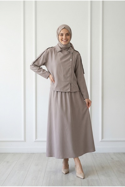 MİHRA STORE Tünay Cross-Zip Skirt Suit-Gs3881 Mink