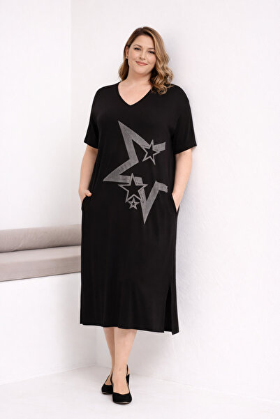 Şans Women's Plus Size Black, Star Figured Stone Detailed, Pocketed Viscose D...