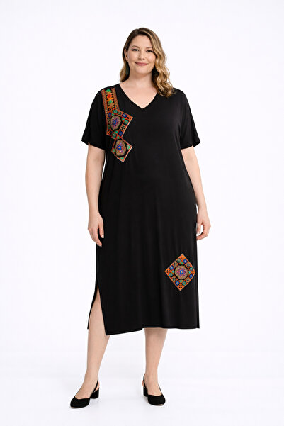 Şans Women's Plus Size Black, Embroidered Relaxed Cut Dress 65N39442