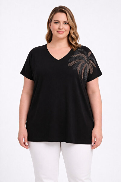 Şans Γυναικεία Μπλούζα Μεγάλου Μεγέθους Μαύρο-Καφέ, με λαιμόκοψη V, με χαμηλά...