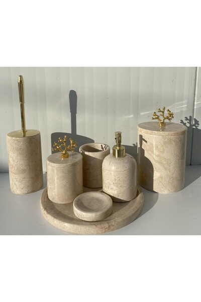 mermer home dekorasyon 7 parça bej mermer banyo seti