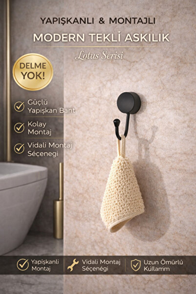 Alper Banyo Mat Siyah Tekli Havlu Askısı | Yapışkanlı & Vidalı Montaj | Banyo...