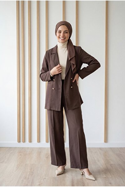 MİHRA STORE Σετ Σεντάν με Κρυφές Τσέπες και Χρυσά Κουμπιά - GS527 Καφέ