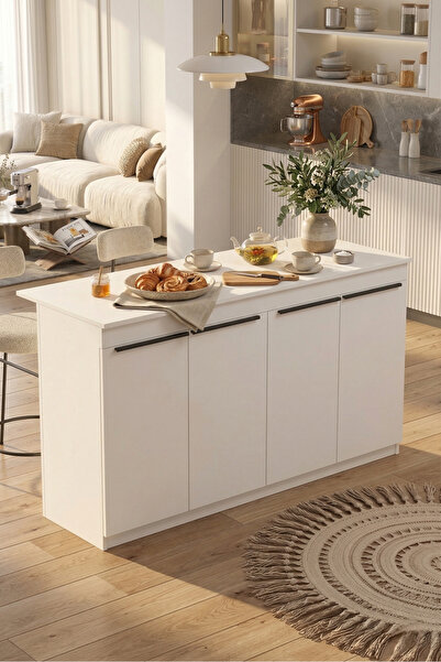 Yurudesign Orren Ada Mutfak Yemek Masası 4 Kapaklı 160cm Beyaz OR1-W