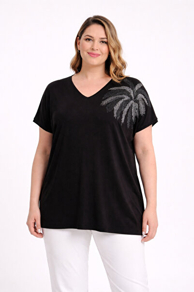 Şans Women's Plus Size Black-Silver, V-Neck, Low Sleeve, Shoulder Stone Detai...