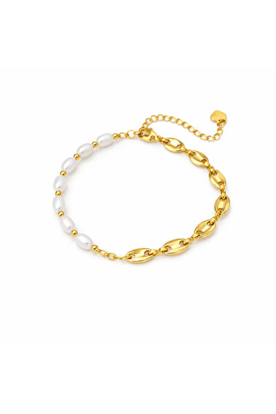 Pursehuit Brățară aurie, din oțel inoxidabil, cu perle, suflate cu aur de 18k...