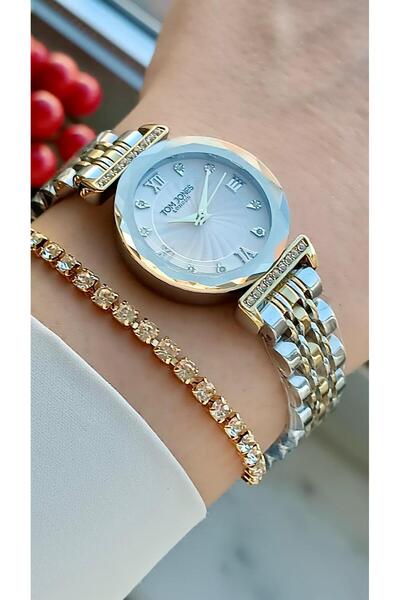 Tom Jones London Original 2-Year Warranty Women's Wristwatch Cut Glass Bicolor Color Steel Band+Bracelet Gift