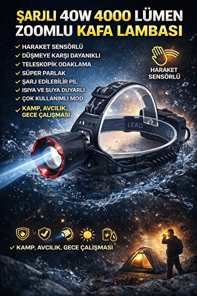 FAVBOX Ultra Güçlü 40W 4000 Lümen Hareket Sensörlü Zoomlu Kafa Lambası + 3 Ad...