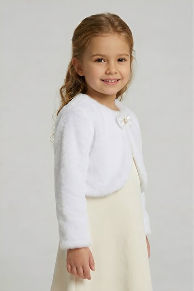 İnce Bebe Kız Çocuk Peluş Bolero Hırka Ekru 1-5 Yaş