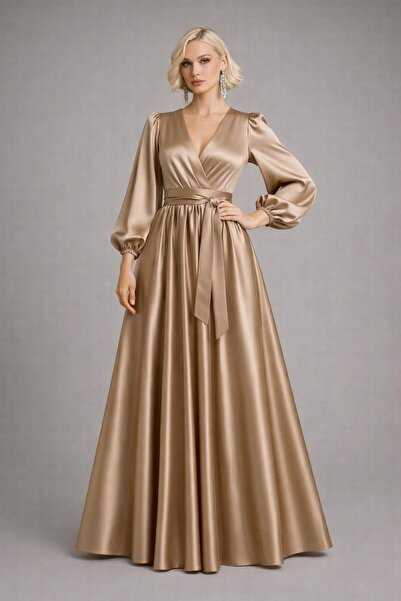 ALYEL NAKER Double-Breasted Maxi Stylish Satin Dress with Closed Neckline & B...