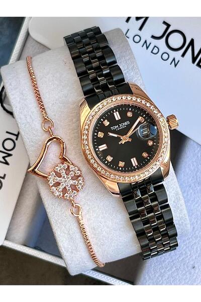 Tom Jones ساعة يد نسائية أصلية بضمان لمدة عامين لون ذهبي وردي + سوار هدية