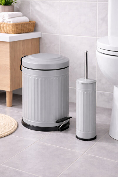 Yufira Life 5 Lt Çizgili Vintage Yavaş Kapanan Pedallı Gri Çöp Kovası ve WC F...