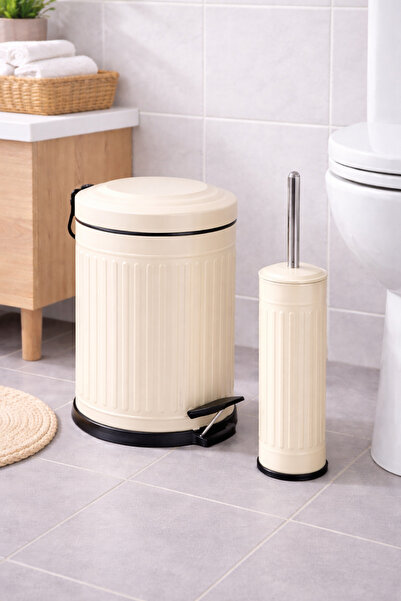 Yufira Life 5 Lt Çizgili Vintage Yavaş Kapanan Pedallı Krem Çöp Kovası ve WC ...