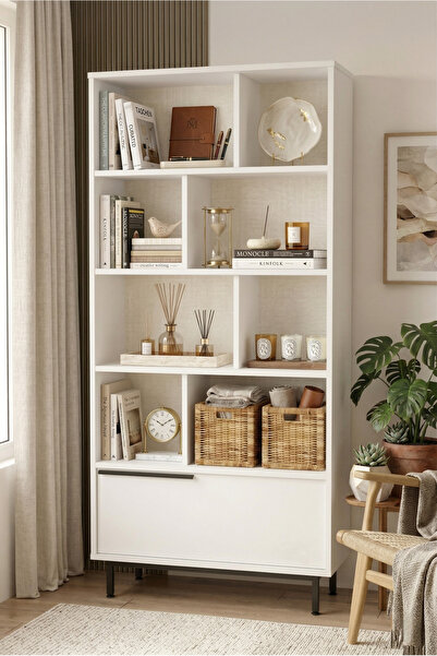 Yurudesign Ocean Kitaplık Raf Metal Ayaklı 176cm Kapaklı Beyaz On4-w