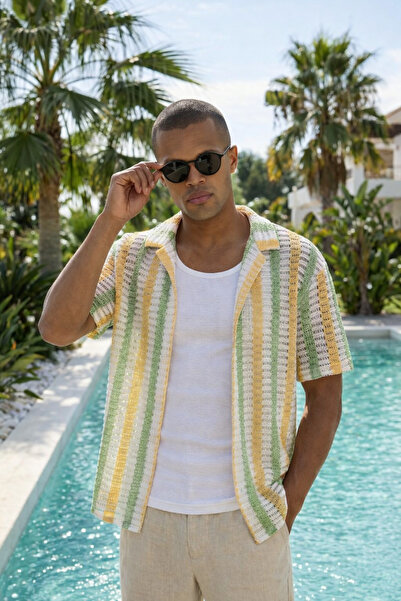 İLKCET MODA Jacquard Yellow Short Sleeve Oversize Men's Shirt