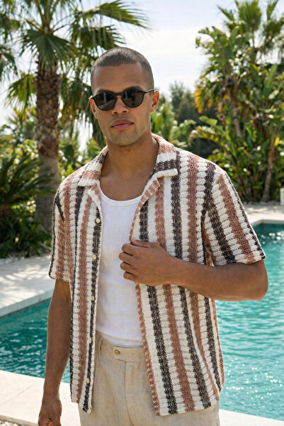 İLKCET MODA Jacquard Brown Short Sleeve Oversize Men's Shirt