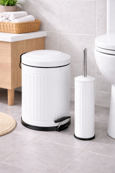 Yufira Life 5 Lt Çizgili Vintage Yavaş Kapanan Pedallı Beyaz Çöp Kovası ve WC...