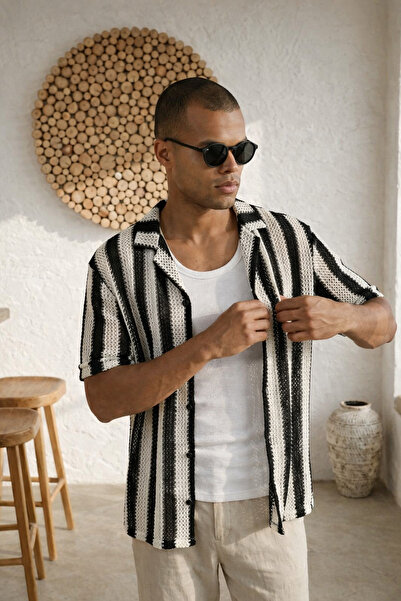 İLKCET MODA Jacquard Black Short Sleeve Oversize Men's Shirt