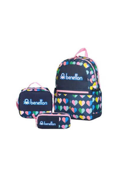 Benetton Set de rucsac pentru fete cu model mini inimă