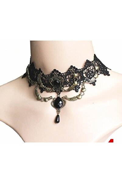Alsade Siyah Dantel Vintage Gotik Choker Kolye
