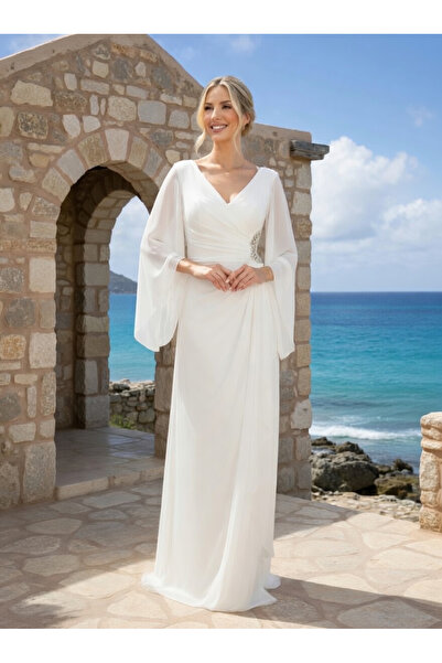FaBe Fashion Uzun Şal Kollu V Yakalı Beli Taş Aksesuarlı Beyaz Şifon Nikah Ni...