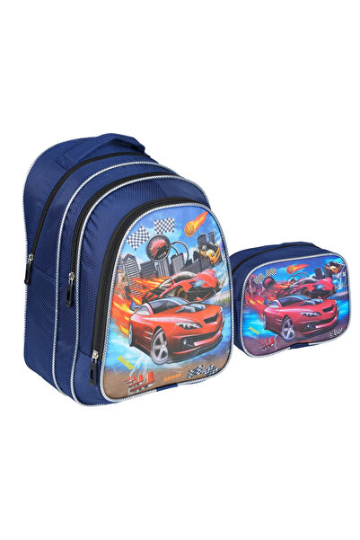 Relaxion Kırmızı Araba Desenli İlkokul Çantası Beslenme Çantalı 1312-6