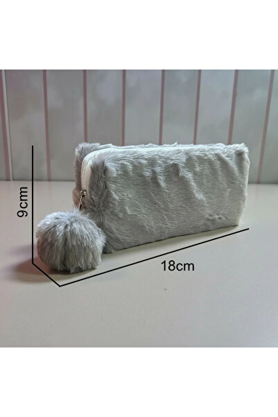 Elegance Сив калъф за моливи с плюшени помпони