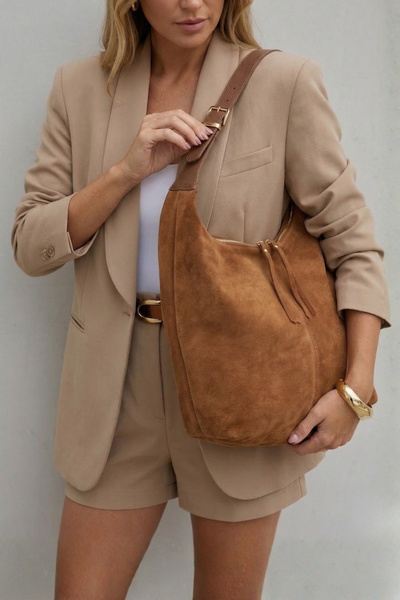 Marjin Women's Genuine Leather Shopper Zippered Shoulder Bag Avelin Tan Suede