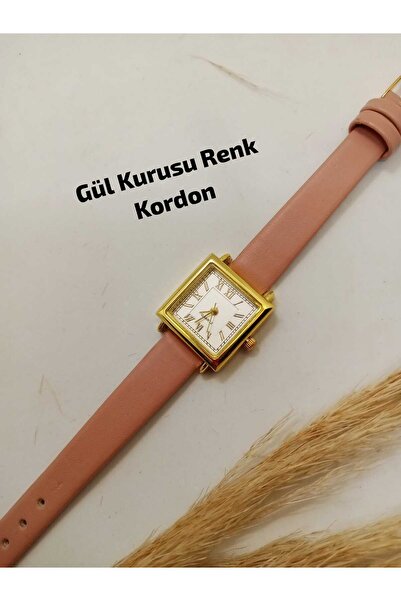 QUARTZ ساعة يد نسائية مينيمال بعلبة فولاذية مربعة الشكل - لون وردي مجفف - علب...