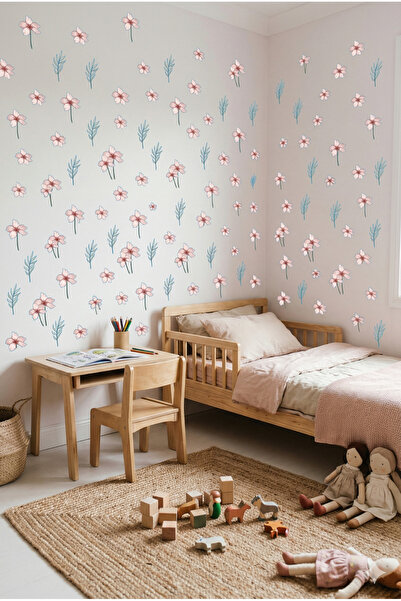 Pembe Çiçekler ve Kır Çiçekleri Yapraklar Sticker Seti, Çocuk Bebek Odası Çiçek Sticker Seti