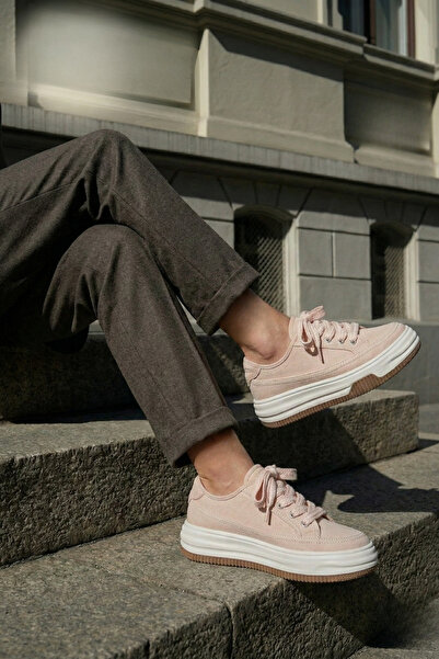 Marjin Kadın Sneaker Yüksek Taban Bağcıklı Keten Spor Ayakkabı Kotnel Bej