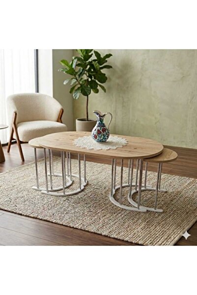 Nokta Sehpa Home 2+1 YAVRULU BEYAZ METAL ATLANTİK ÇAM OVAL ORTA SEHPA
