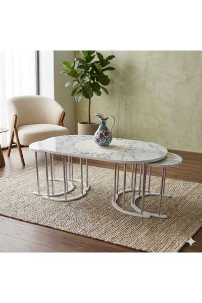 Nokta Sehpa Home 2+1 YAVRULU GÜMÜŞ METAL BEYAZ MERMER DESEN OVAL ORTA SEHPA