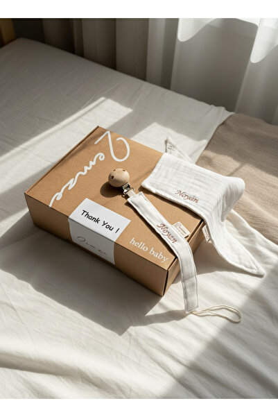 Zemze Baby 2’li Emzik Zinciri & Fular Set Ekru Renk– %100 Organik Müslin, Ahş...