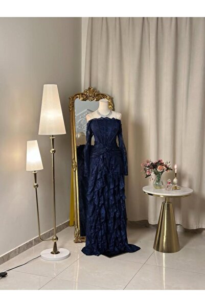 vanus fashion 6451-فستان كحلي أنيق بطبقات كشكش